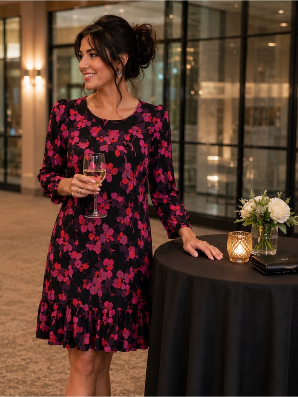 Tommy Hilfiger Size 8 Floral Dress Black Pink Long Sleeve Ruffle Hem Stretch